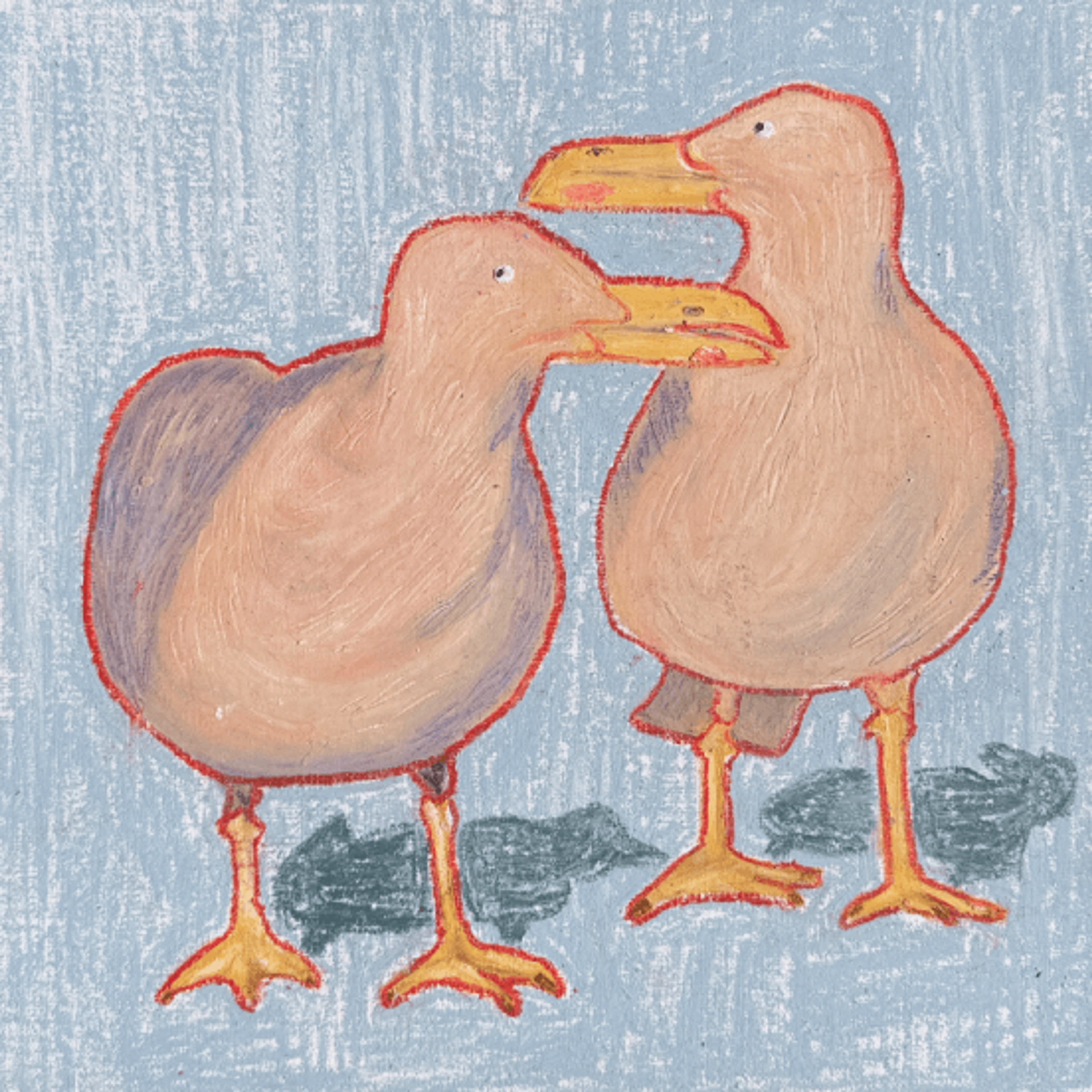 Две птицы персикового цвета с красным контуром, желтыми клювами и лапами стоят на светло-голубом фоне с серыми тенями, выполнено масляной пастелью и карандашами на картоне, размер 30 на 30 сантиметров