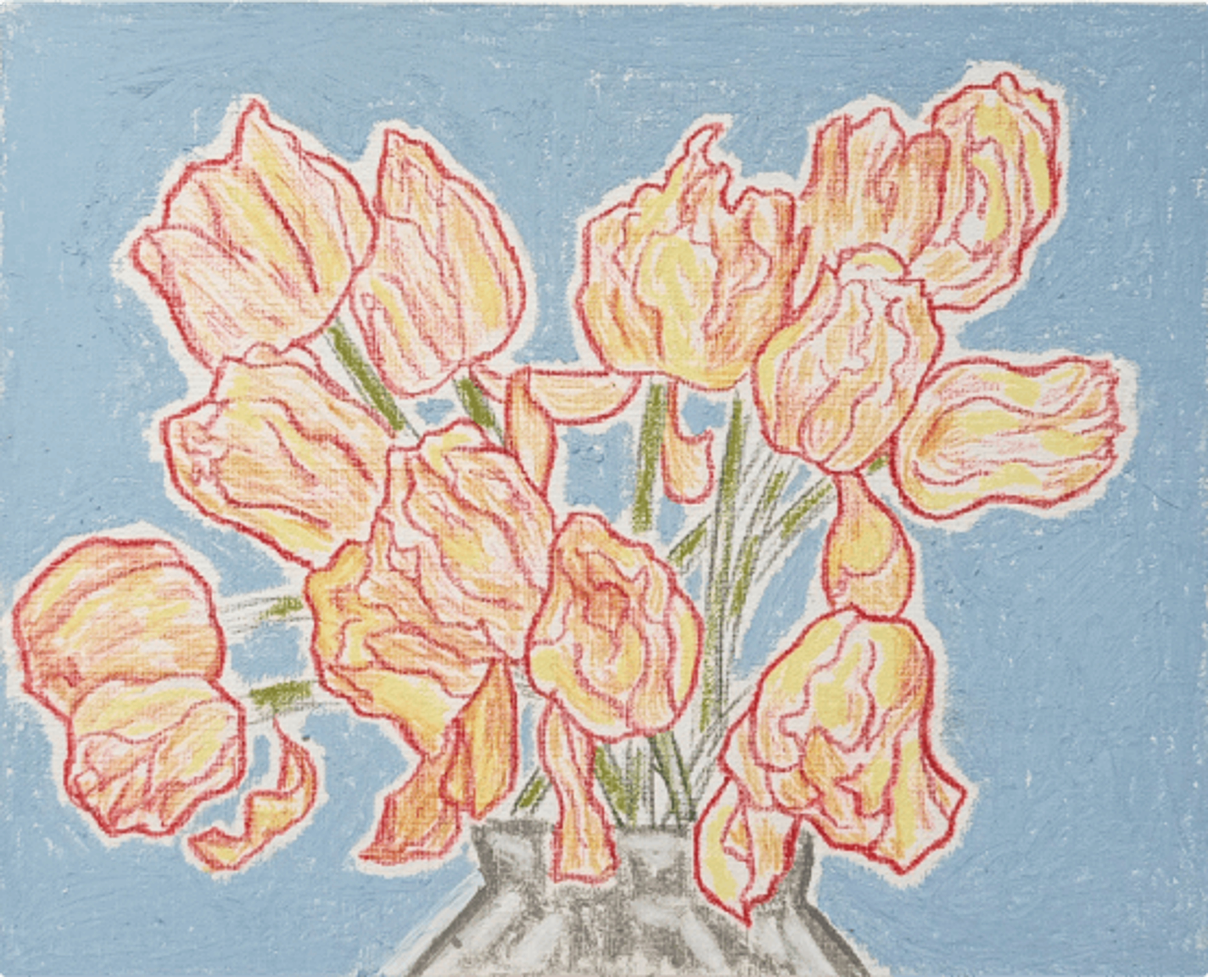 Букет желто-оранжевых тюльпанов с красными контурами в серой вазе на голубом фоне, выполненный масляной пастелью и карандашами на картоне, размером 30 на 24 сантиметра