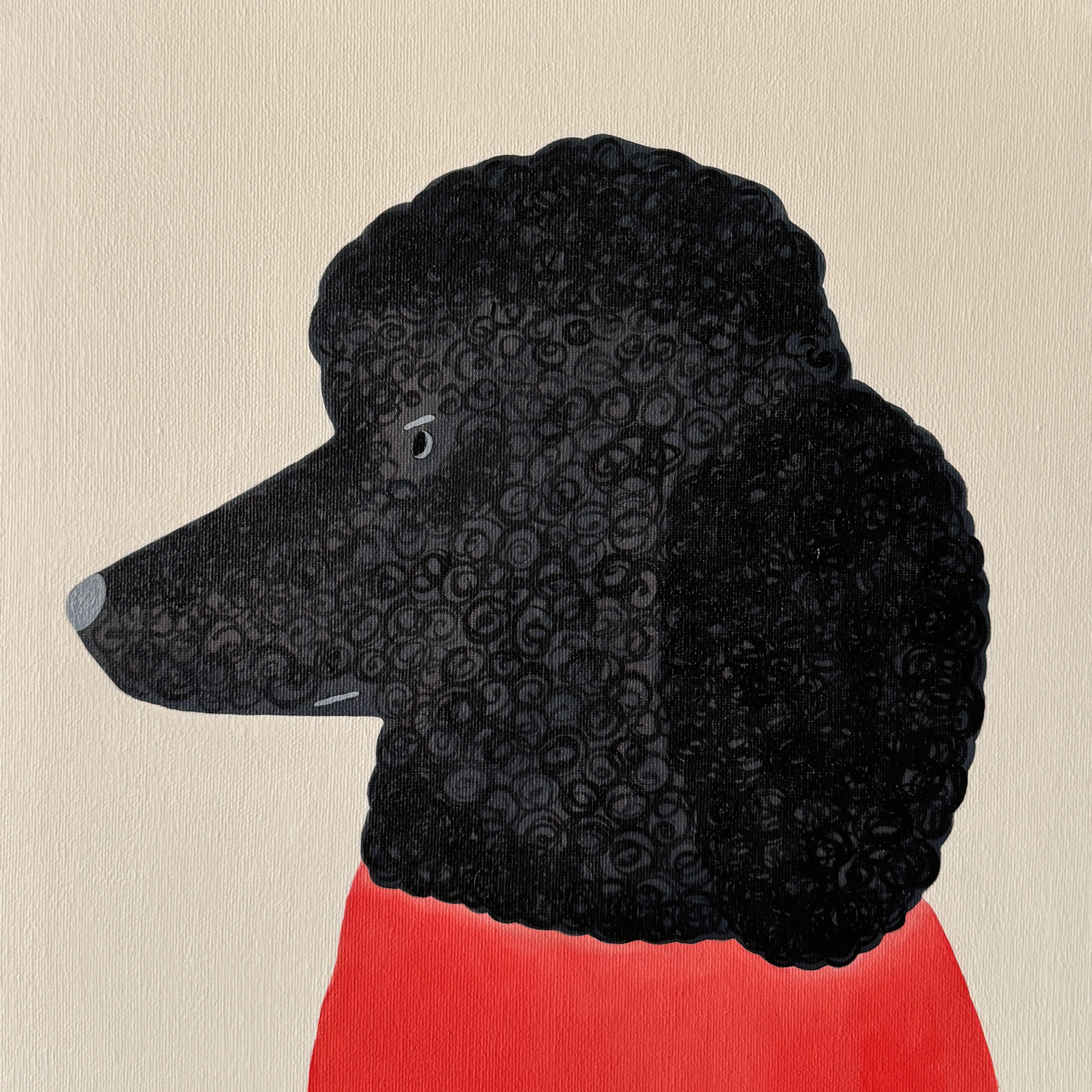 Черный пудель в профиль с красным туловищем на светлом фоне, масло, холст, 35 × 35 см