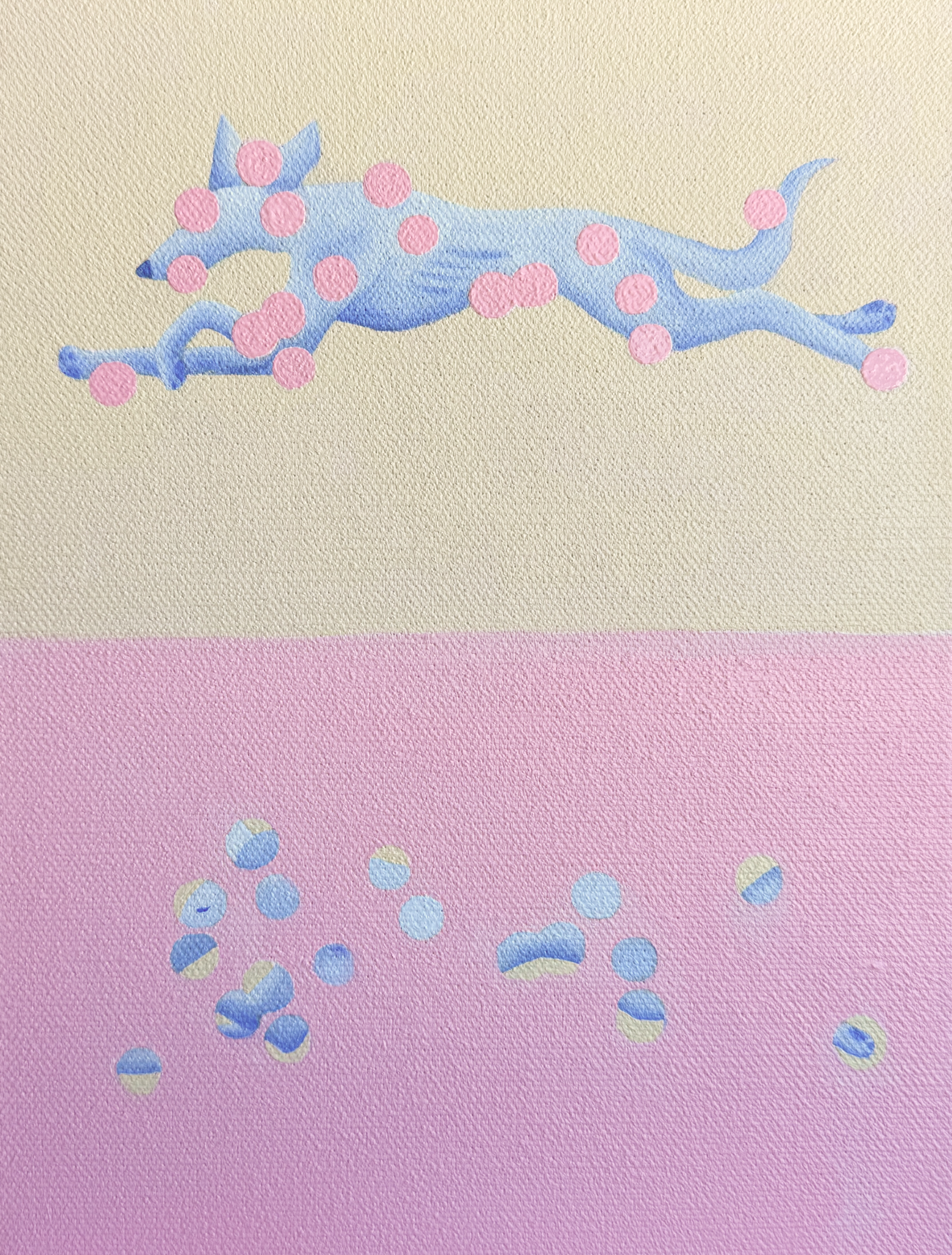 На картине изображена бегущая голубая собака с розовыми пятнами на бежевом фоне, нижняя часть картины розовая с разбросанными разноцветными кругами, масло, холст, 18 × 24 см