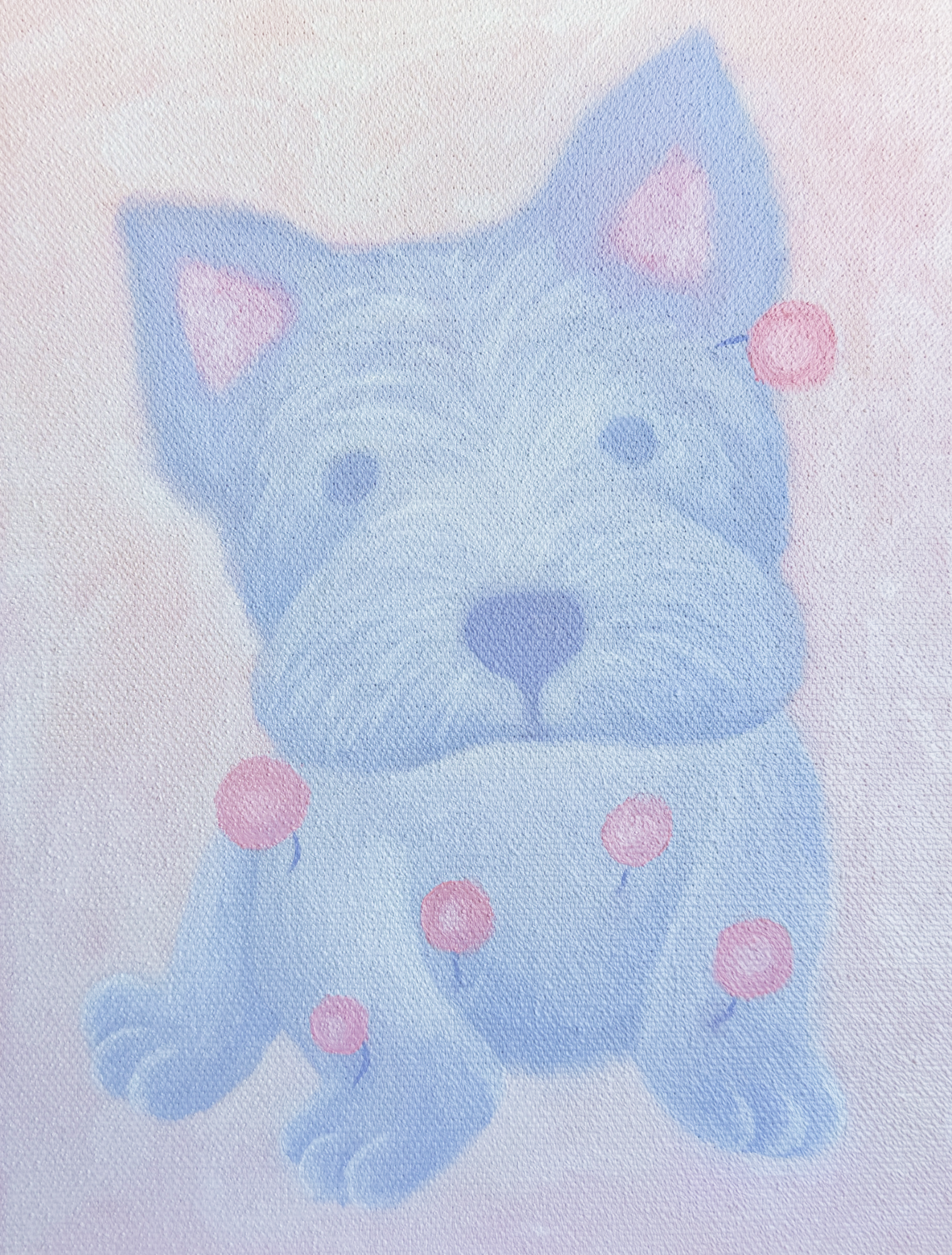 Картина маслом на холсте размером 18 на 24 см изображает сидящую стилизованную голубую собаку с розовыми ушами, носом и глазами, украшенную несколькими розовыми круглыми элементами, на светлом пастельном фоне