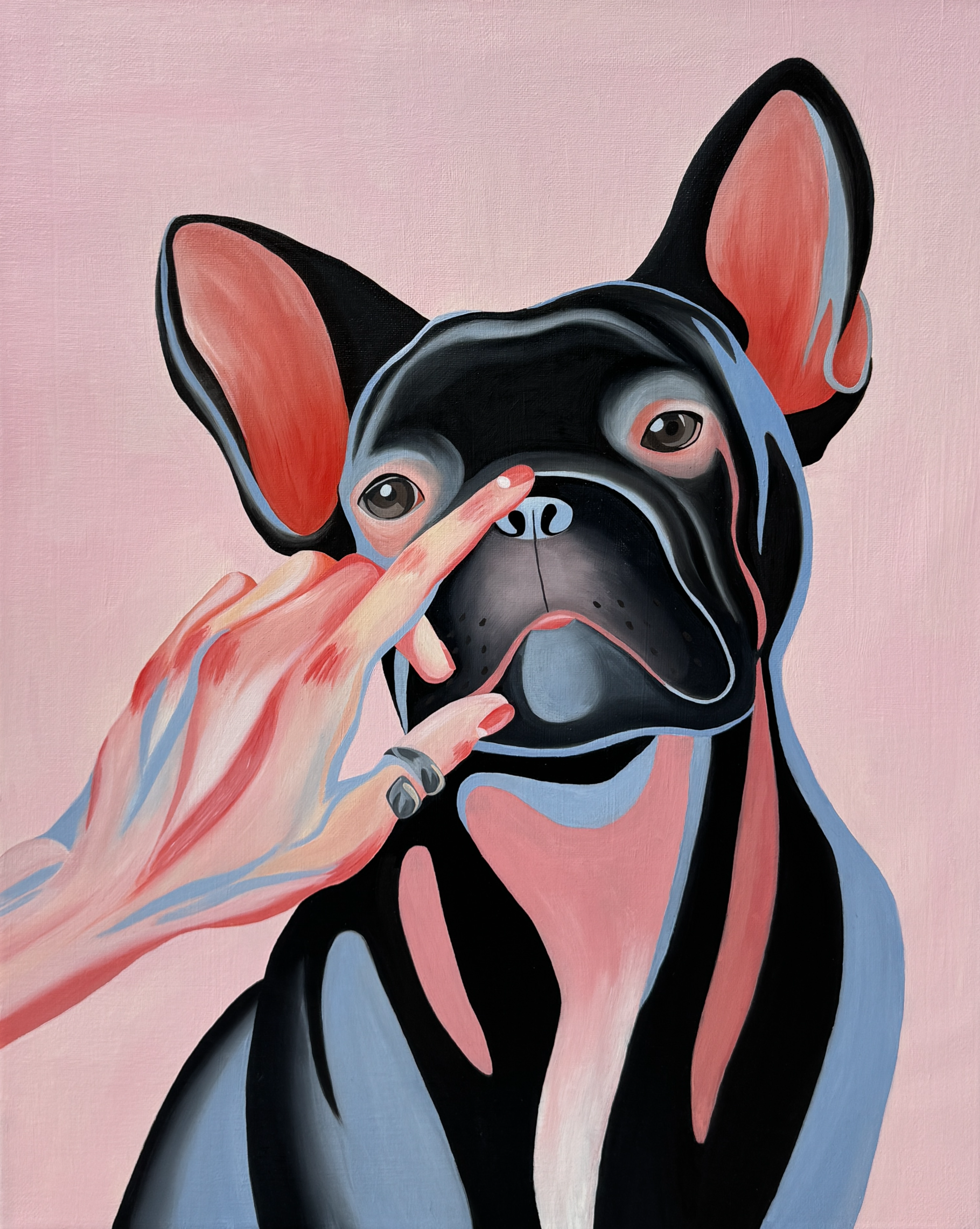 На картине изображен французский бульдог с черной шерстью и розово-голубыми бликами, к носу которого прикасается человеческая рука с кольцом на пальце, на розовом фоне, выполнено маслом на холсте размером 40 на 50 сантиметров