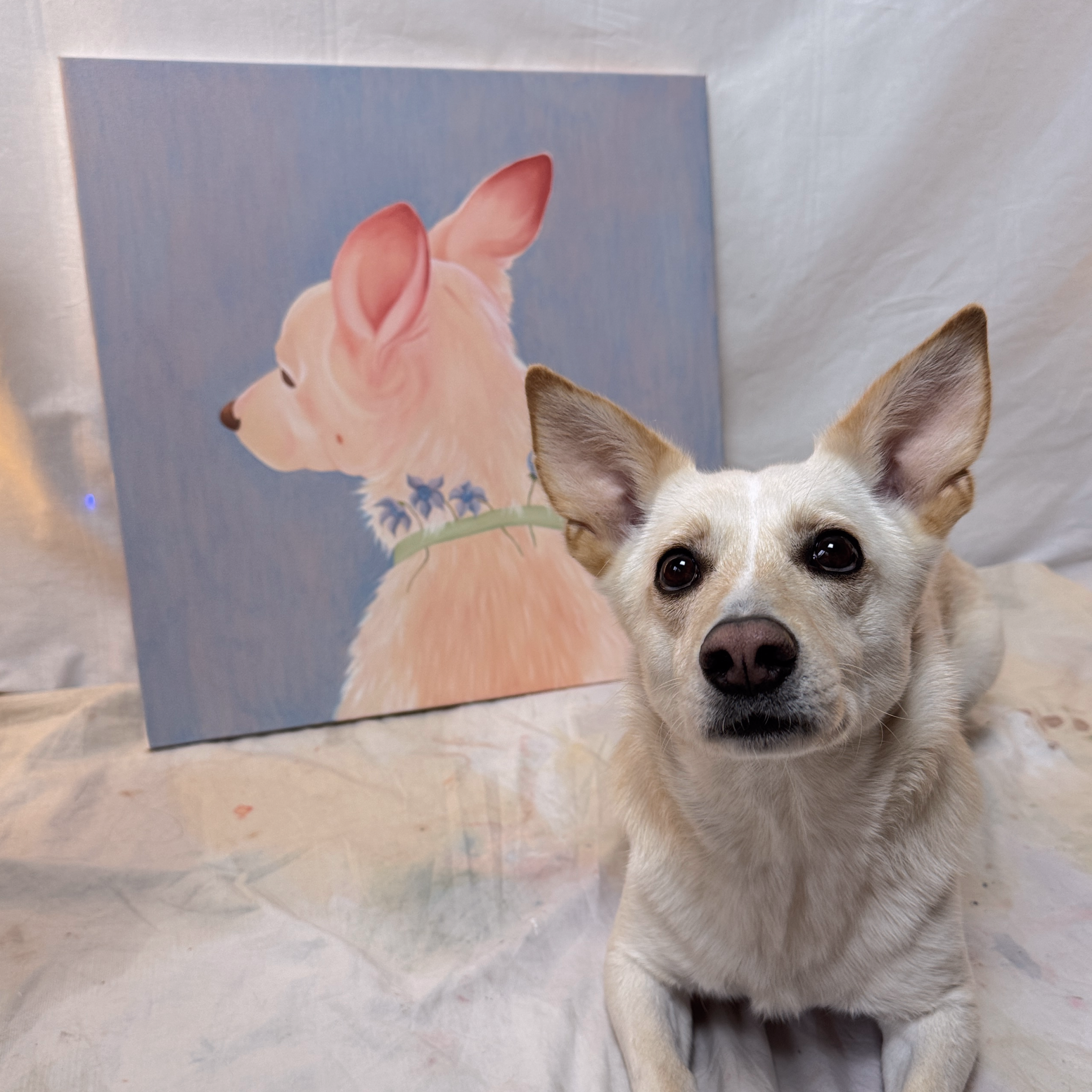 Светлая собака лежит на мятой светлой ткани, а за ней стоит картина маслом на холсте с изображением собаки в профиль с цветочным ошейником