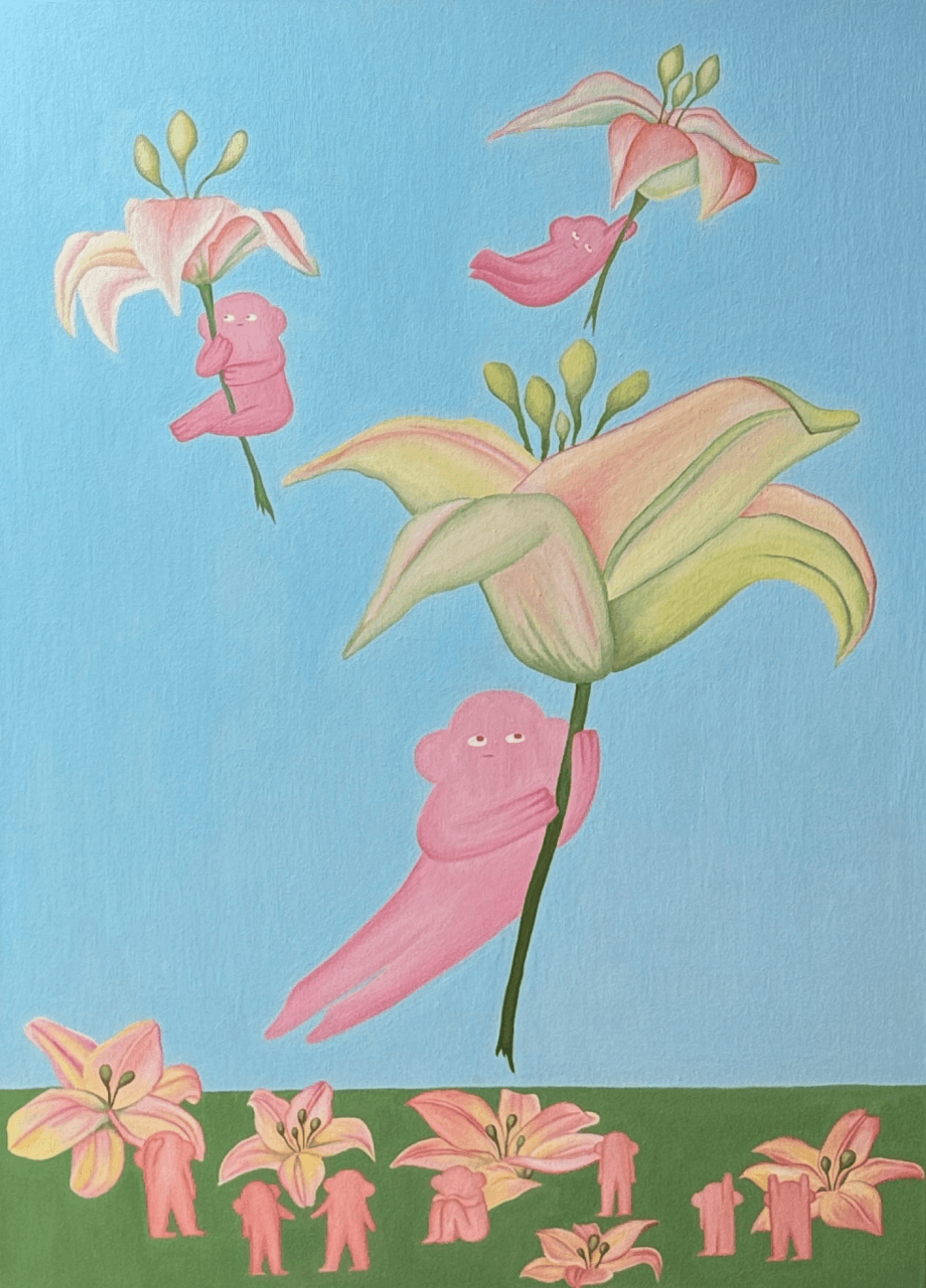 Три розовые фигуры держатся за крупные лилии в голубом небе, а несколько розовых фигур находятся среди лилий на зеленой земле, масло, холст, 50 × 70 см